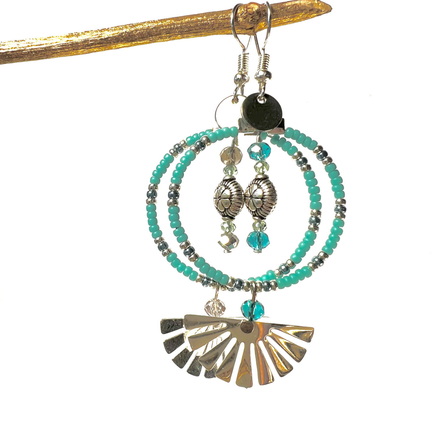 Créoles éventail turquoise gris argent