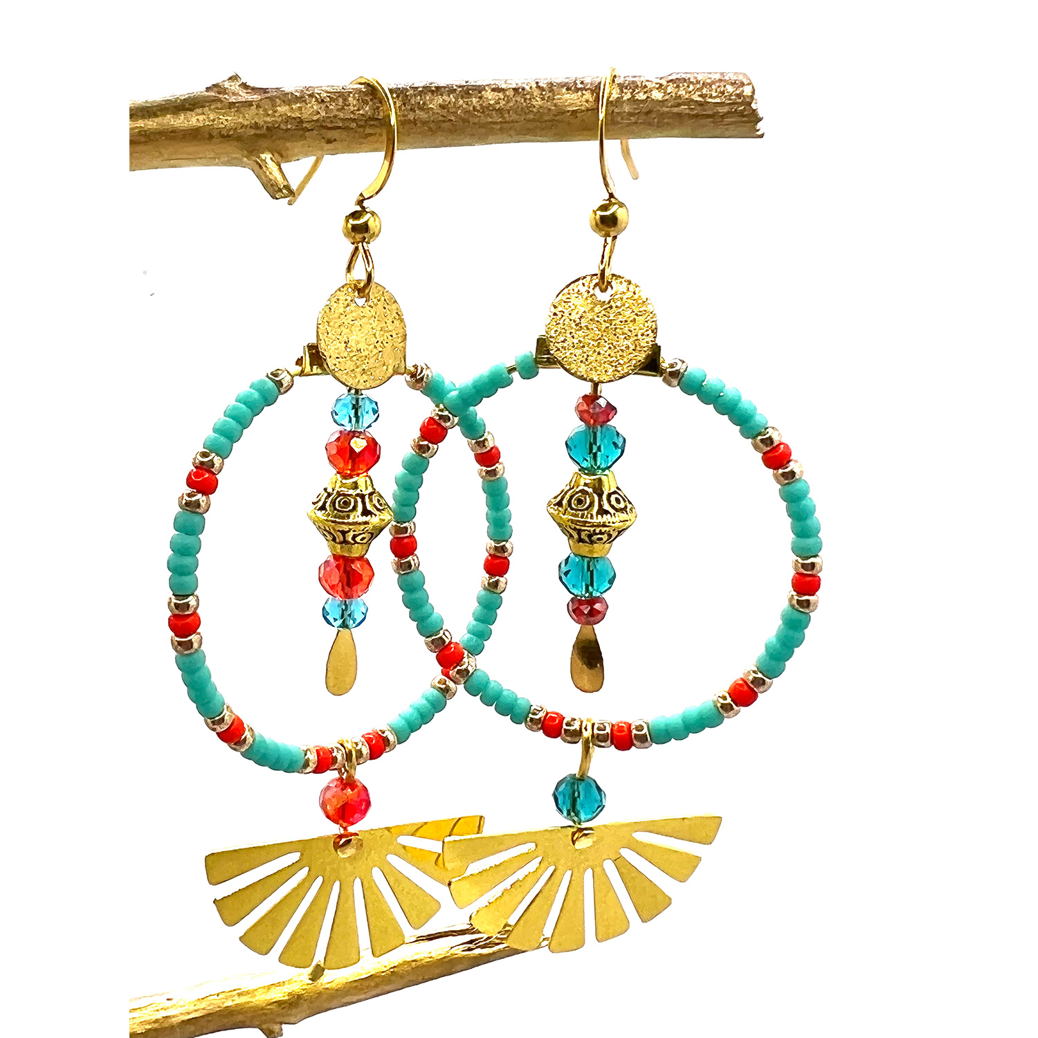 Boucles oreilles creoles eventail dore turquoise corail